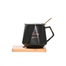 14oz Diamond Shape Ceramic Coffee Mug with Golden Imprint including lid and spoon